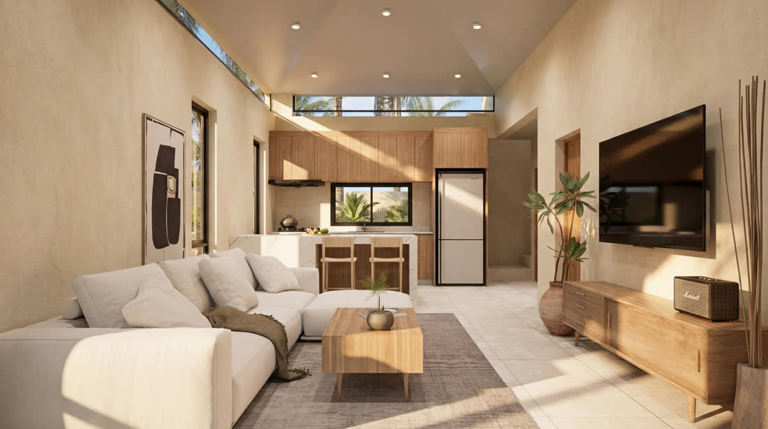 Open-plan living & kitchen, fully furnished