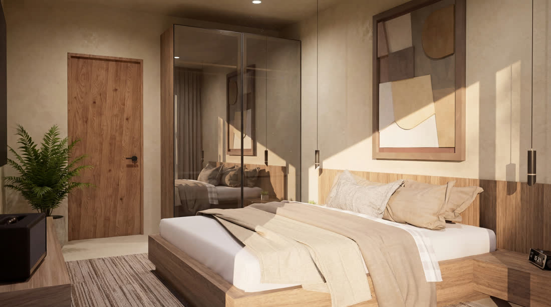 Master bedroom in warm natural tones