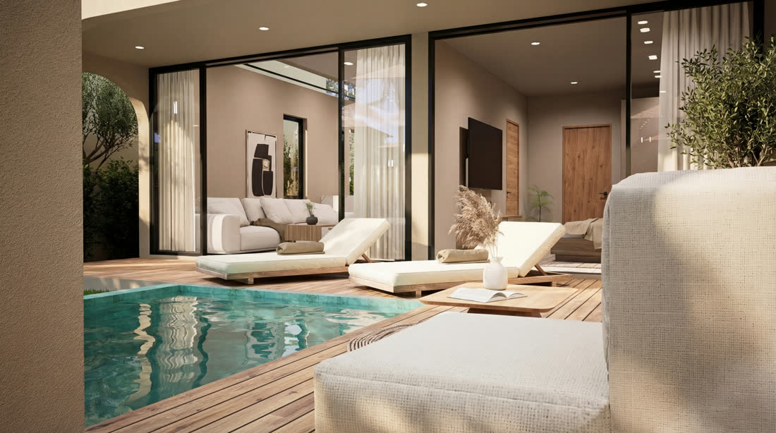 Pool villa at dusk